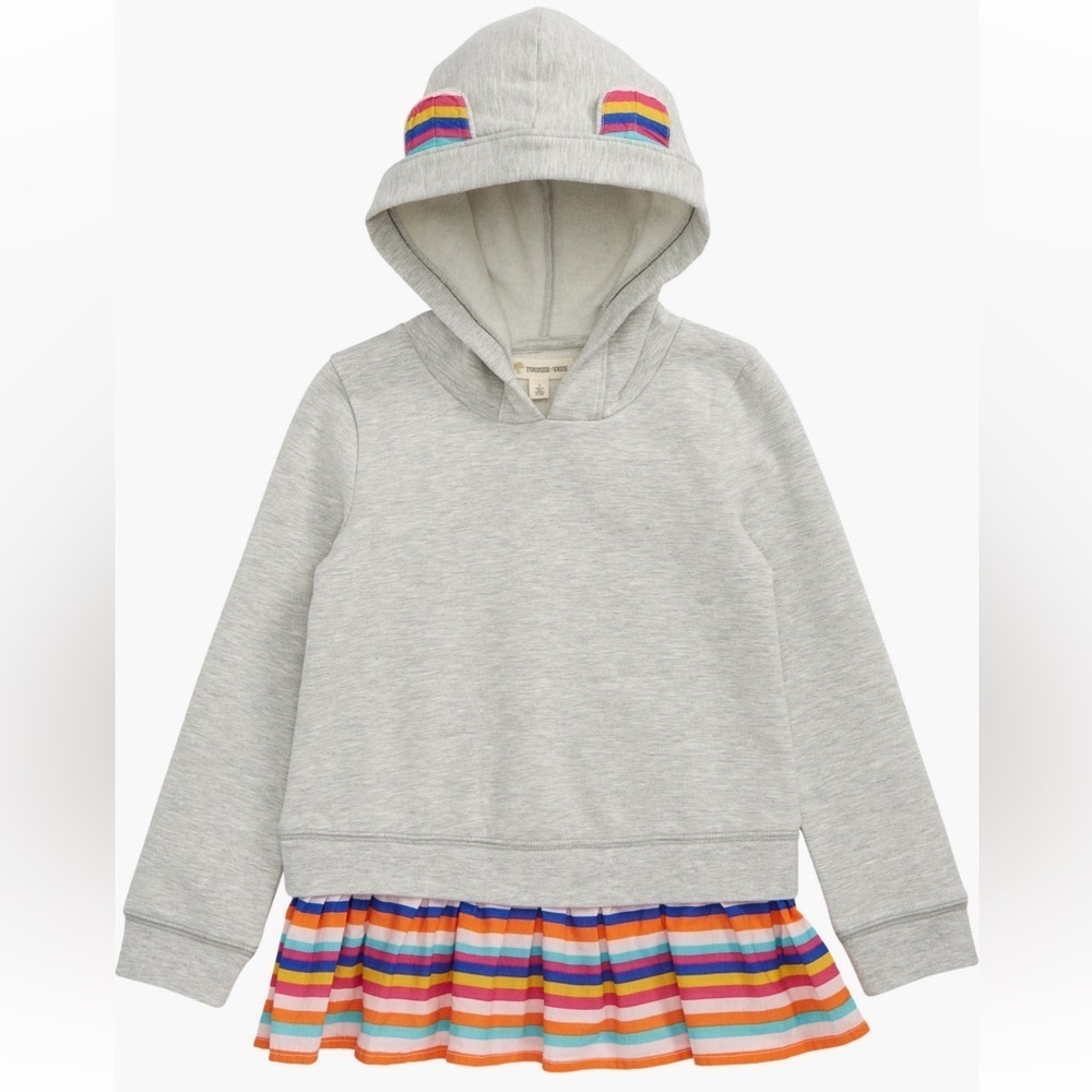 Tucker + Tate Gray Hoodie Animal Ear Ruffle Hem with Rainbow Stripes Size 2Y